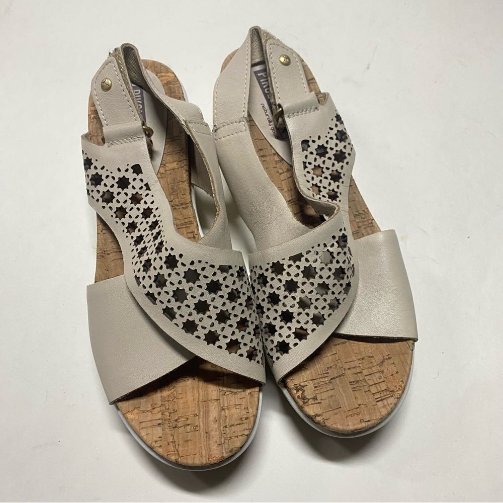 Pikolinos Mykonos Criss Cross Calfskin Leather Sandal tan beige cork 38 US 7.5-8